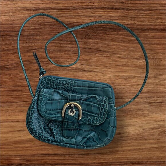 B MAKOWSKY Turquoise Buckle Croc Embossed Leather Crossbody bag - Picture 1 of 8